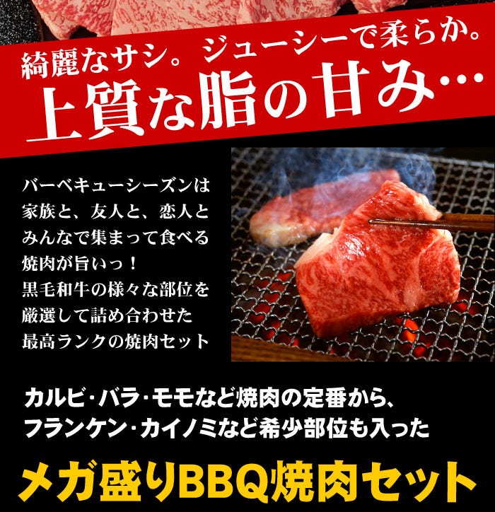 カルビ・バラ・モモなど焼肉の定番から、フランケン・カイノミなど希少部位も入ったメガ盛りBBQ焼肉セット