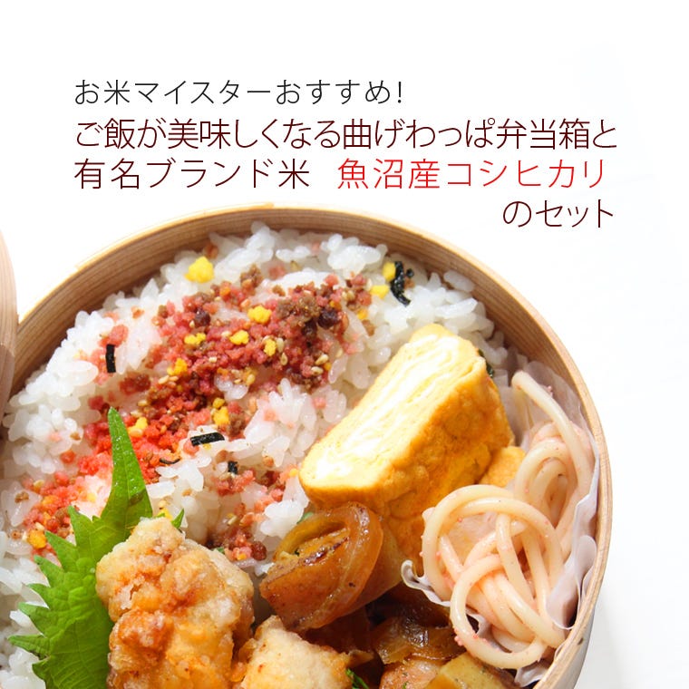 曲げわっぱ弁当箱と有名ブランド米 特選魚沼産コシヒカリのセット