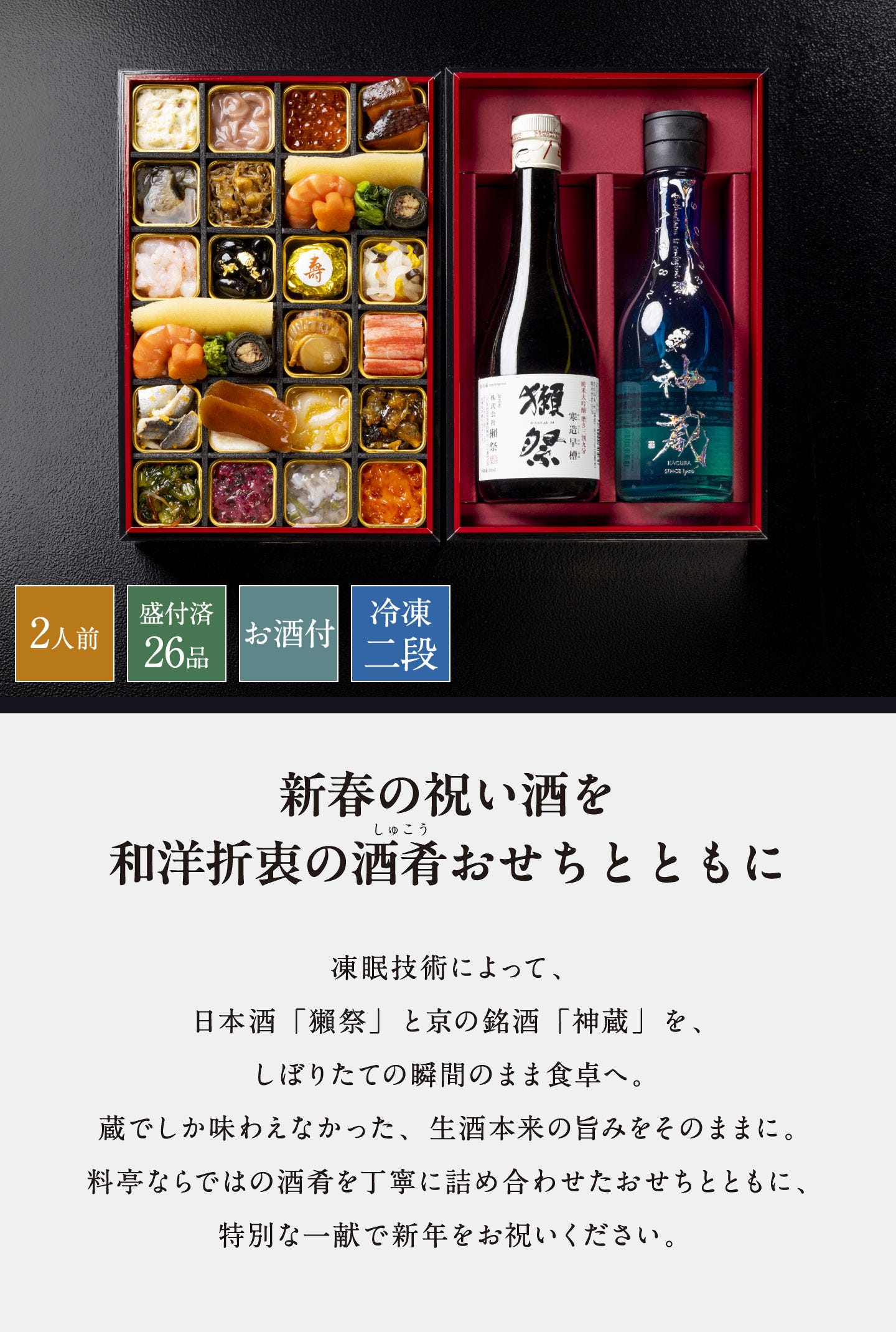 酒肴おせち 冷凍一段 お酒付(2人前) 新春の祝い酒を和洋折衷の酒肴(しゅこう)おせちとともに