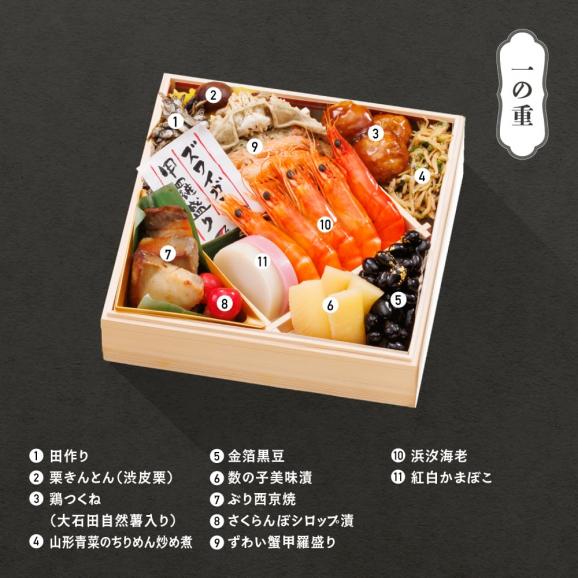【早期キャンペーン！送料無料】「赤坂あじさい」監修 山形牛ローストビーフ・越前蟹入り和風おせち 7寸特選三段重『虹』【約3～4人前】《全41品》02