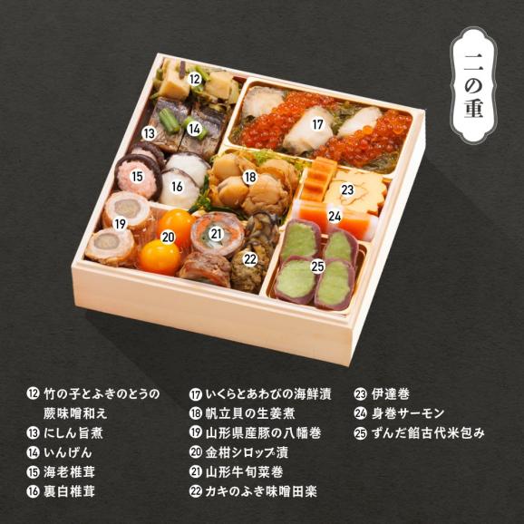 【早期キャンペーン！送料無料】「赤坂あじさい」監修 山形牛ローストビーフ・越前蟹入り和風おせち 7寸特選三段重『虹』【約3～4人前】《全41品》03