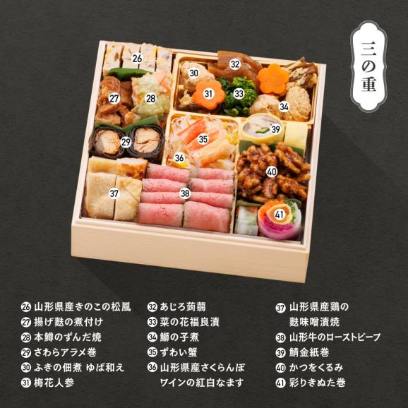 【早期キャンペーン！送料無料】「赤坂あじさい」監修 山形牛ローストビーフ・越前蟹入り和風おせち 7寸特選三段重『虹』【約3～4人前】《全41品》04