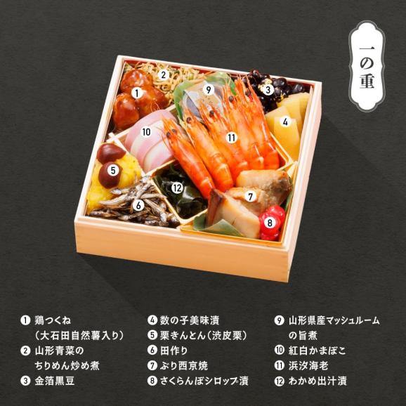 【早期キャンペーン！送料無料】「赤坂あじさい」監修 山形牛ローストビーフ・あわび入り和風おせち6寸三段重『蝶』【約3～4人前】《全42品》02