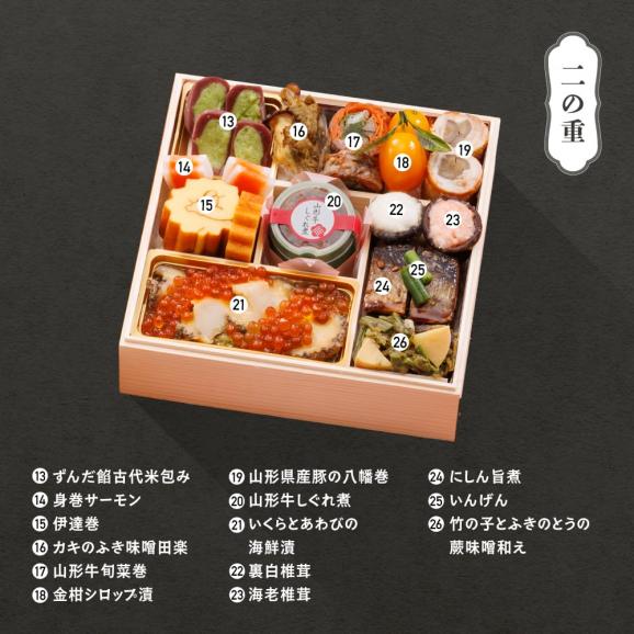 【早期キャンペーン！送料無料】「赤坂あじさい」監修 山形牛ローストビーフ・あわび入り和風おせち6寸三段重『蝶』【約3～4人前】《全42品》03