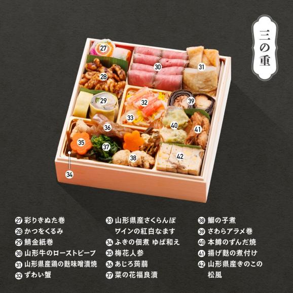 【早期キャンペーン！送料無料】「赤坂あじさい」監修 山形牛ローストビーフ・あわび入り和風おせち6寸三段重『蝶』【約3～4人前】《全42品》04