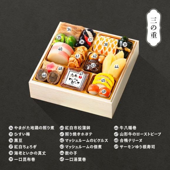 【12月10日までの限定価格！！】「赤坂あじさい」監修 山形牛ローストビーフ入り三段重『紅花』【約3～4人前】《全47品》04