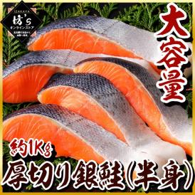 【送料無料】約1Kg 厚切り銀鮭(半身) 脂の乗った大ぶり鮭 焼鮭/サーモン/魚/切身/ギフト/プレゼント/おすすめ