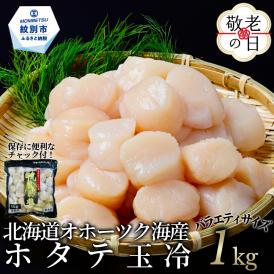 19-91 【敬老ギフト】北海道オホーツク海産ホタテ玉冷バラエティサイズ(1kg)｜ 訳あり サイズ不揃い