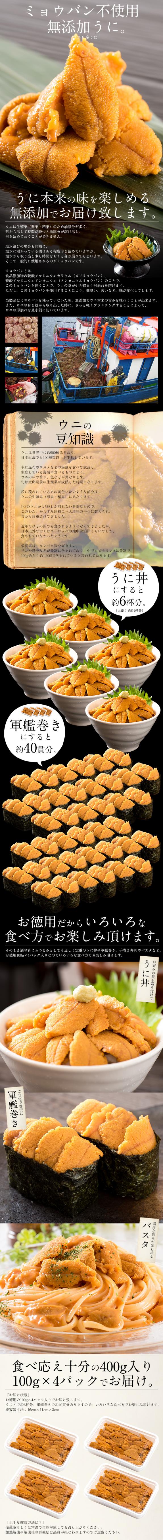 ウニ うに 400g（100g×4パック）無添加 雲丹｜港ダイニングしおそうの