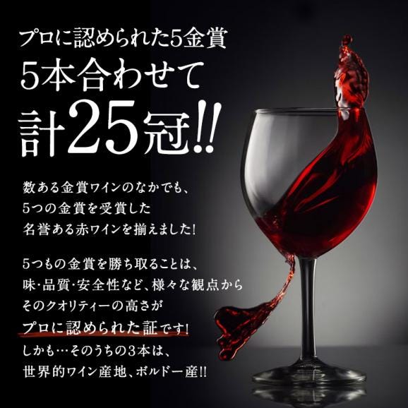 合計25冠 すべて5金賞  ボルドー 格上産地入り フランス産 赤ワイン 5本セット［常温］【1～2営業日以内に出荷】【送料無料】[W]04