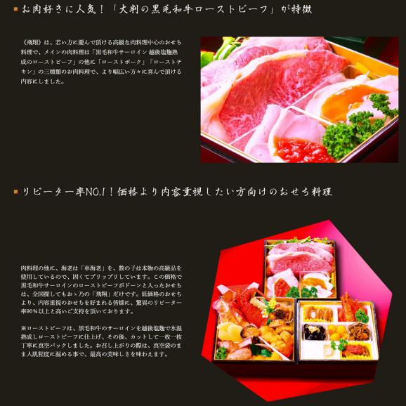 【2026おせち】【黒毛和牛サーロイン入り】冷蔵おせち三段重「飛翔（ひしょう）」2〜4人様用｜お肉料理中心、黒毛和牛サーロインのローストビーフ入り冷蔵おせち｜冷蔵｜解凍不要｜02