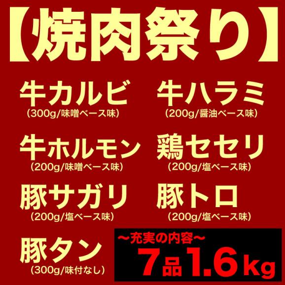 焼肉セット 夏祭り 7種入 合計1.6kg 牛カルビ 牛ハラミ 豚トロ 豚サガリ マルチョウ牛ホルモン 鶏セセリ 豚タン 焼肉 2点以上から注文数に応じオマケ付き03
