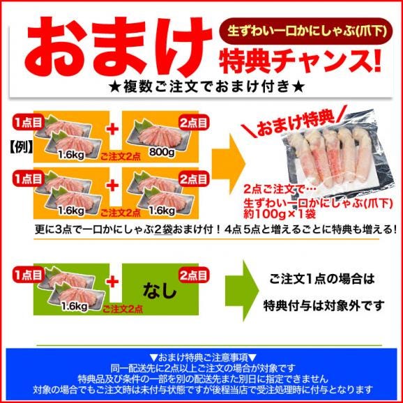 生ズワイガニ　ポーション　1.6kg前後(800g前後&times;2p)　かにしゃぶ　カニ鍋　蟹　剥き身　棒肉（だるま） [ 訳あり 訳有 わけあり ]【2個以上から注文数に応じオマケ付き】02
