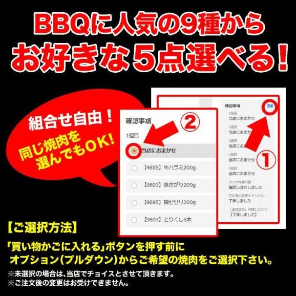 特売 焼肉セット 9品より5個選べる 牛カルビ 牛ハラミ 豚トロ 豚サガリ 牛ホルモン 鶏セセリ 豚タン 焼き鳥 牛タン より選択OK 2点以上からオマケ付き02