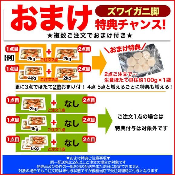 【お徳用】【大型】ズワイガニ 脚 総重量 4kg 前後 （ 2kg 5～6肩前後&times;2箱） ずわい ズワイ カニ 蟹 かに 脚 折脚たし脚入る場合があります【2点以上から注文数に応じオマケ付き】02