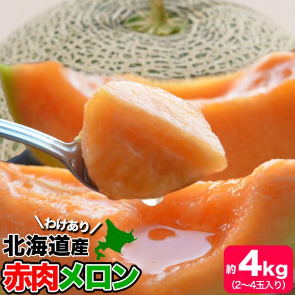 2026年収穫予約 メロン　赤肉　北海道産 約4kg　2〜4玉入　めろん わけあり 訳有　お届け日指定不可無効　2026年7月下旬前後頃よりご注文順に発送 玉数指定不可01