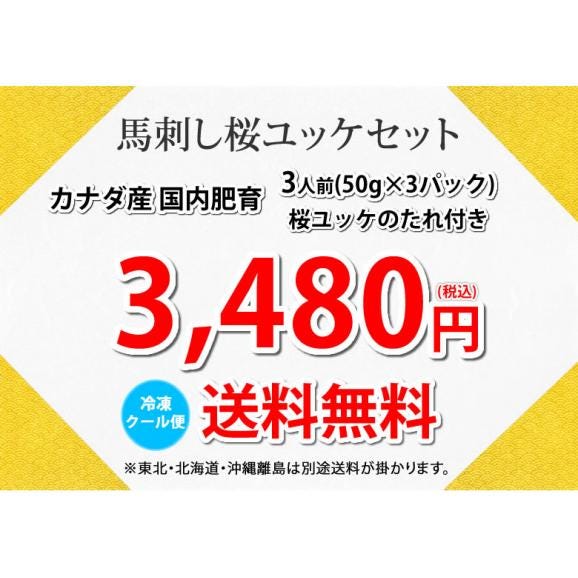 馬刺し ユッケ 送料無料 3人前 150g（50g×3パック） 2セット購入で3パックおまけ 3セット購入で6パックおまけ カナダ産国内肥育 馬刺 熊本直送 馬肉 お取り寄せ 肉04