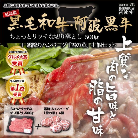 【送料無料】黒毛和牛 阿波黒牛 ちょっとリッチな切り落とし500g+霜降りハンバーグ4個セット02