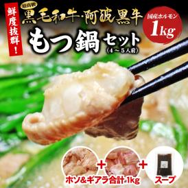 もつ鍋 国産 黒毛和牛 阿波黒牛 もつ鍋セット (4～5人前) 白ホルモン(ホソ＆ギアラ)合計1kg+オリジナルスープ付き セット メガ盛り モツ鍋 送料無料 産地直送 鮮度バツグン