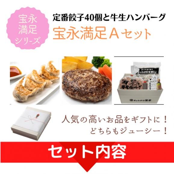 【送料無料】〝宝永満足Aセット〟 宝永餃子40個入／肉汁あふれる牛生ハンバーグ150g×4枚／宝永こだわりのたれ1本／特製ハンバーグソース1本02