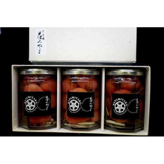 安心・安全な茨城・水戸市ドロップファームの可愛らしいフルーツトマトを使用した花みやこの特製ミニトマトピクルス【内容量220g 八角瓶3個セット・化粧箱入り】02