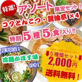 ５種類の味が一度に楽しめる♪ お試しアソートセット コクとんこつ醤油系（とんこつ・九州男児・とんこつ先生・中華そば・冷やし中華かぼす味）