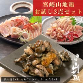 【送料無料】宮崎山地鶏 お試しセット【炭火焼き1袋、たたきもも＆むね各１パック】【冷凍便】 