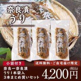 【帰省のおみやげにピッタリ、8/5まで送料無料】奈良一奈良漬 うり1本袋入り 300g × ３本　まとめ買いセット