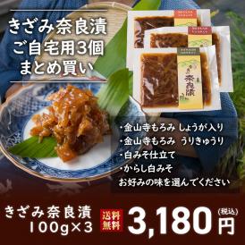【送料無料】４種類から選べる！きざみ奈良漬 ご自宅用3個 まとめ買い 100g入り