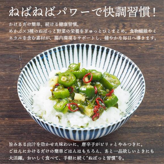テレビで紹介!★ めかぶと3種のねばっと野菜 (ピリ辛風味)120g 冷凍便/めかぶ オクラ おくら モロヘイヤ 山芋 醤油ベース 味付き ねばねば食材 栄養 ご飯のお供 北海道 おとりよせ#804