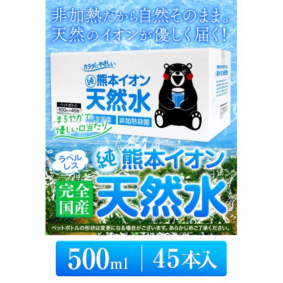 水 ミネラルウォーター 500ml 45本 熊本イオン純天然水 飲料水 水 ケース 一箱 ラベルレス くまモン 保存水 保存食 防災 熊本県 天然水 軟水 《1-3営業日以内に発送(土日祝除く)》03
