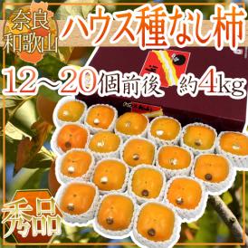 奈良・和歌山産 ”ハウスたねなし柿” 秀品 12〜20玉前後 約4kg 化粧箱【予約 9月下旬以降】 送料無料