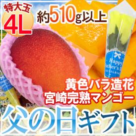 父の日ギフト ”宮崎完熟マンゴー” 秀品 特大玉4L 1玉+バラ造花1本【予約 6月9～16日お届け予定】 送料無料