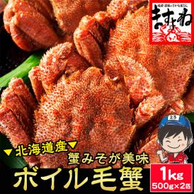 蟹味噌まで美味しい！北海道産 ボイル 毛蟹 500g前後×2匹入(1kg)【送料無料/毛がに/毛ガニ/お中元/ギフト/ますよね】