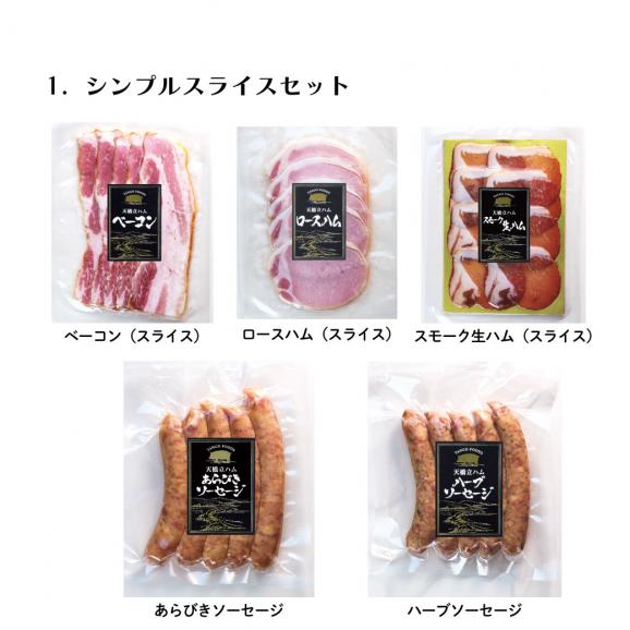 ギフトでもご自宅でも 天橋立ハム シンプルスライスセット 全５種類 あらびき ソーセージ ハーブソーセージ ロースハム ベーコン スモーク生ハム 詰め合わせ 合計５９０ｇ 04