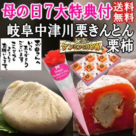母の日【送料無料】栗きんとん7個・栗柿8個入り プレゼント 和菓子 花とスイーツ 以外 ギフト 造花のカーネーション ＆ 選べるメッセージーカード ＆ 風呂敷ラッピング