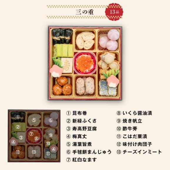 【全国送料無料】おせち 3人前 三段重 解凍不要 冷蔵「おもいやり」千賀屋謹製2026年 和風 全38品06
