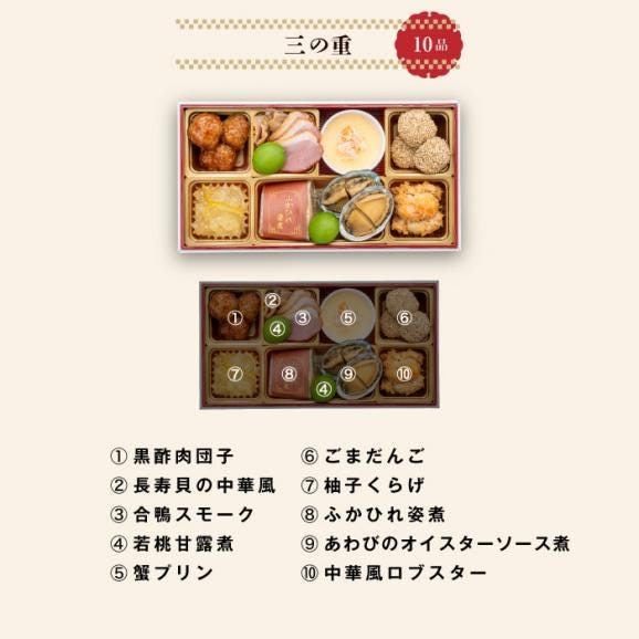【早期割引中】【全国送料無料】おせち 2～3人前 三段重 解凍不要 冷蔵「華千歳」千賀屋謹製 2026年 和洋中 全32品06