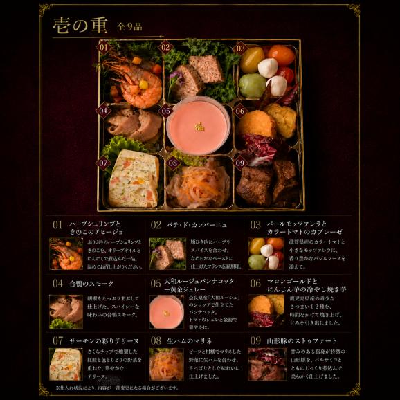 【早割】【送料無料】奈良の恵みを味わう 豪華イタリアン生おせち「Rokumeikan」6.5寸2段重・全12品03