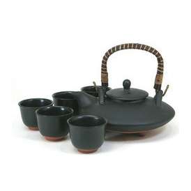 黒千代香セット（耐熱黒釉焼酎燗瓶）５客ツル付き　【酒器】