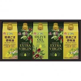春の贈り物 オリーブオイル＆風味油アソートギフト 味の素 オリーブオイルエクストラバージン・焙煎ごま香味油（各300g）×各2、オリーブオイルマイルドタイプ（300g）×1