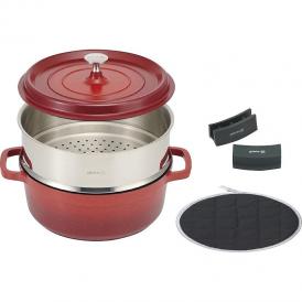 夏の贈り物お中元 ジョイア キャセロール24cm&蒸し器4点セット レッド キャセロール24cm（4.3L）・蒸し器・ハンドルカバー（2個）・鍋敷き×各1