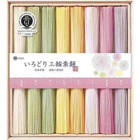 夏の贈り物お中元 国内産小麦使用いろどり三輪素麺（木箱入） 池利 そうめん（白・柚子・桜・梅・紫芋・抹茶・青しそ・カボス）（各50g）×各1束