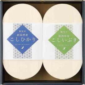 夏の贈り物お中元 無洗米松経木わっぱ入りギフトセット 初代田蔵 新潟県産コシヒカリ（無洗米）・新潟県産こしいぶき（無洗米）（各300g）×各1