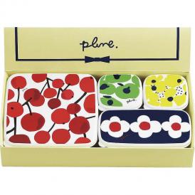 冬の贈り物シール容器4点セット・B プルーン 正角型小（6.8×6.8×4.6cm・130ml)×2、長角型（13.6×7×4.6cm・290ml）・正角型大（13.9×13.9×4.6cm・61