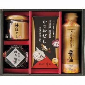 夏の贈り物お中元 和の調味料詰合せ 伊賀越天然醸造?油（200ml）（シュリンク）・のり佃煮（80g）・鮭ほぐし（50g）・かつおだし（4g×8）×各1