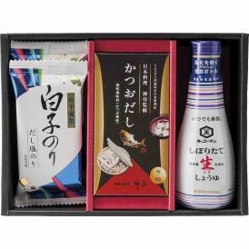 夏の贈り物お中元 和の調味料詰合せ 白子のり味のり だし塩のり（8切5枚）×2、キッコーマンいつでも新鮮しぼりたて生しょうゆ（200ml）・かつおだし（4g×8）×各1