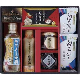 冬の贈り物和の調味料詰合せ 白子のり味のり だし塩のり（8切5枚）×2、昭和キャノーラ油（300g）・伊賀越天然醸造?油（シュリンク）（200ml）・のり佃煮（80g）・鮭ほぐし（50g）・かつお