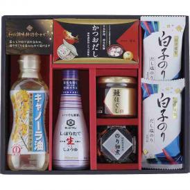 冬の贈り物和の調味料詰合せ 白子のり味のり だし塩のり（8切5枚）×2、昭和キャノーラ油（300g）・キッコーマンいつでも新鮮しぼりたて生しょうゆ（200ml）・のり佃煮（80g）・鮭ほぐし（50