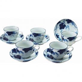 夏の贈り物お中元 藍染ぶどうコーヒー5客セット 碗（直径8.6×6.5cm）・皿（直径13.6×2.8cm）×各5